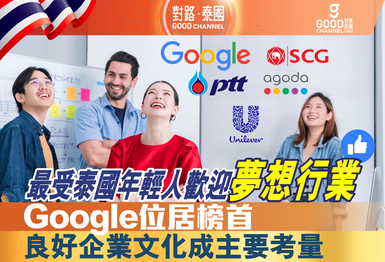 最受泰國年輕人歡迎夢想行業。 Google 位居榜首，良好企業文化成主要考量！