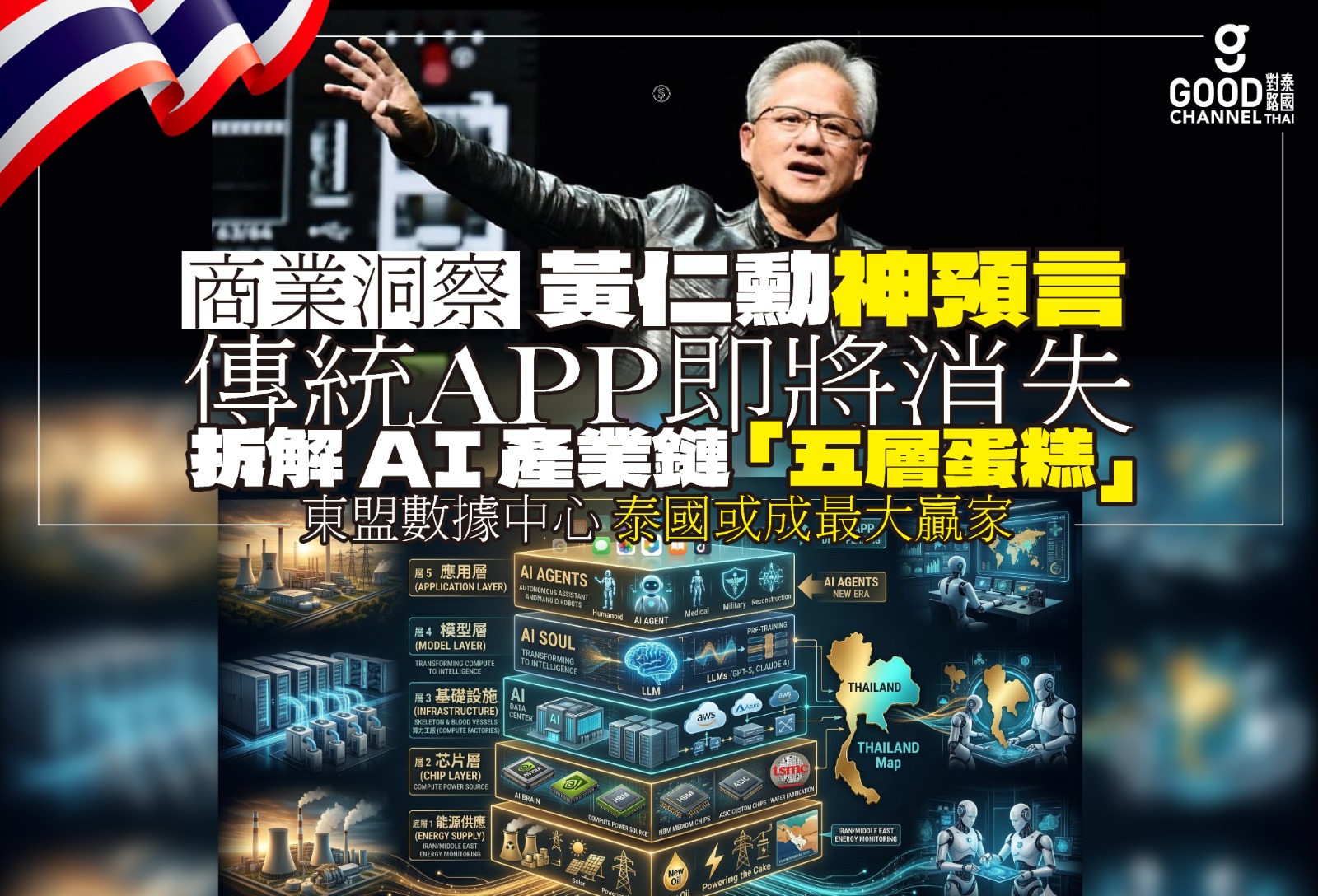 黃仁勳預言傳統 APP 終結！拆解 AI產業鏈「五層蛋糕」論，東盟數據中心 泰國或成最大贏家！
